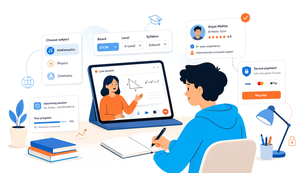 WeTeach course selection, teacher profile, schedule, progress and secure payment preview